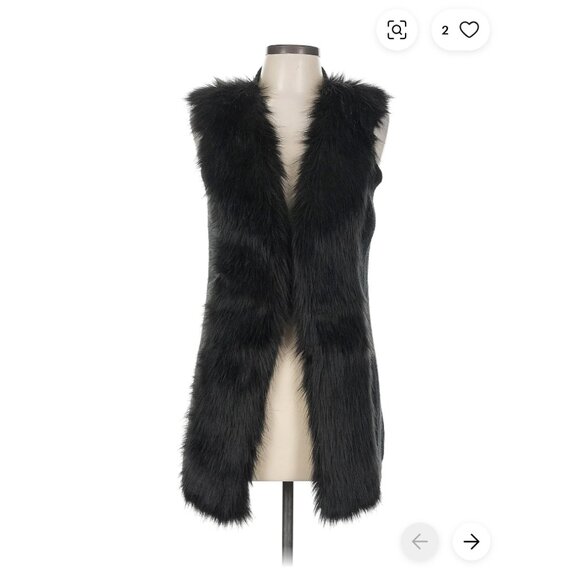 White House Black Market Faux Fur Black Shimmer Long Open Front Sweater Vest - Picture 9 of 9